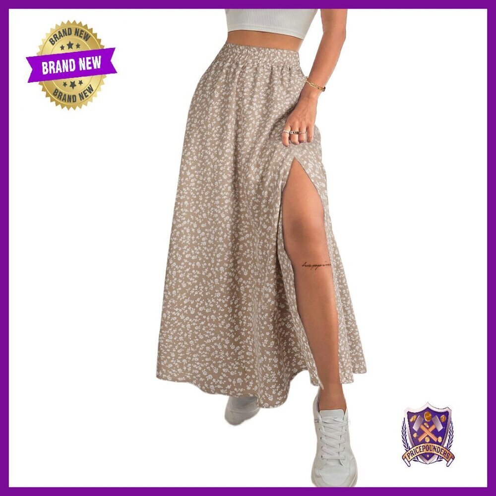 Boho Floral Maxi Skirt with Thigh Slit High Waisted Summer Skirt